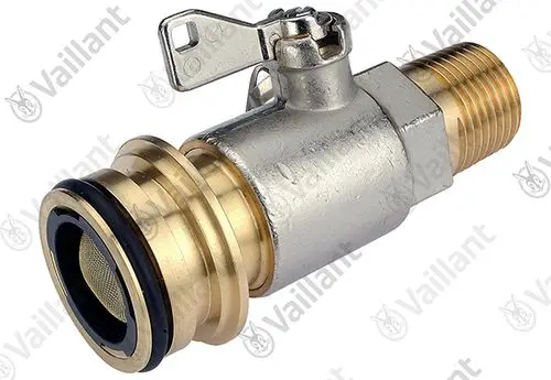 Gasanschlusshahn von Vaillant mit einer Metalloberfläche und einem Anschluss für Gasleitungen. Die Bauform ist kompakt und verfügt über einen Auslass mit einem Sieb.